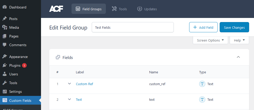 ACF field group editor showing the Custom Ref field name custom_ref