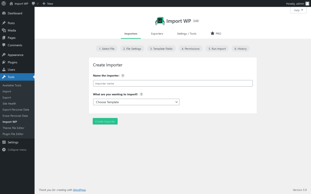 Import WP Add New importer form with the Page template selected