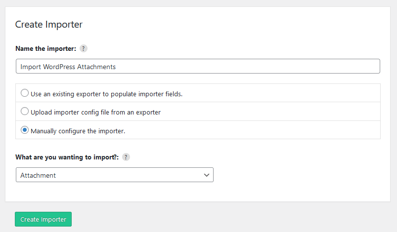 Import WP create importer screen with the Attachments template selected