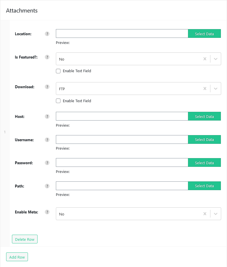 Import WP attachment row with Download set to FTP, including host and path fields