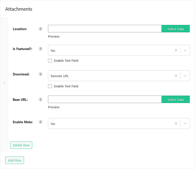 Import WP Attachments panel with an empty row for location, featured image, and download type