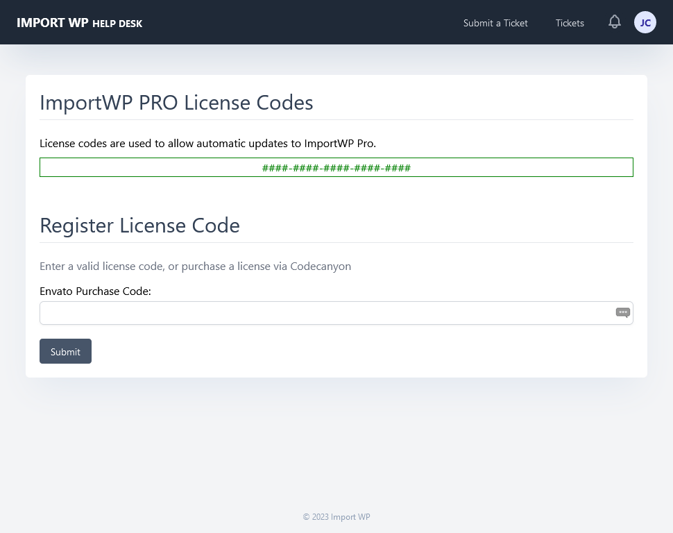 Import WP license page listing a verified license key highlighted in green