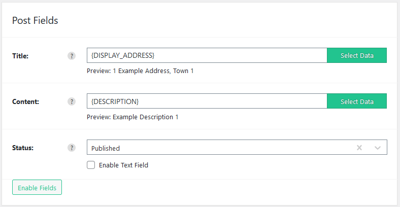 Import WP Template Fields step showing BLM property fields ready to map