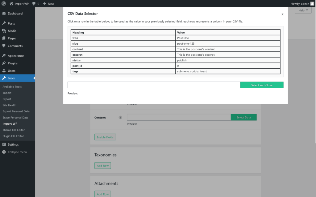Import WP CSV data selector listing column headings beside the first record values