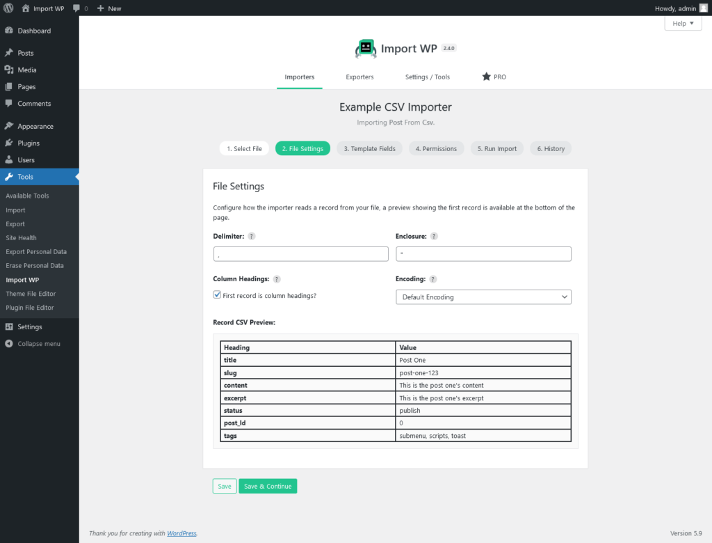 Import WP CSV file settings with delimiter, enclosure, and start row options