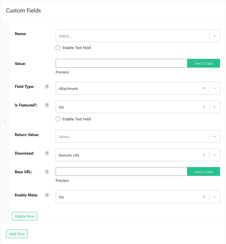 Import WP custom field row with Field type set to Attachment and a return value of ID or URL