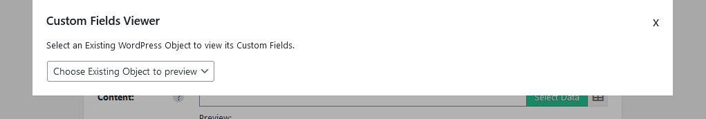 Import WP Find custom fields modal listing existing WordPress records to preview