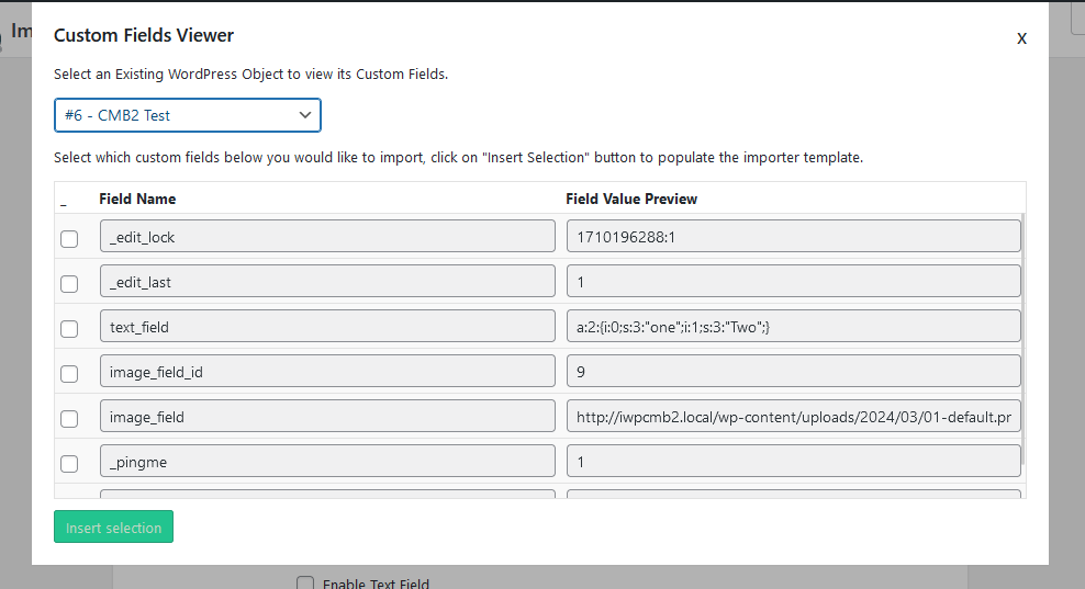 Import WP Find custom fields results with checkboxes beside meta keys and current values