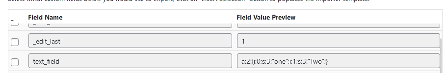 Import WP custom field preview showing a serialized PHP array stored in post meta