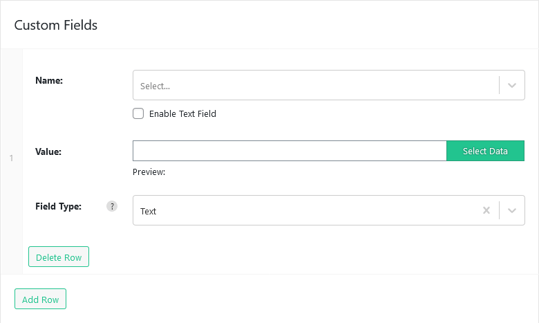 Import WP Custom Fields panel with Name, Value, and Field type columns