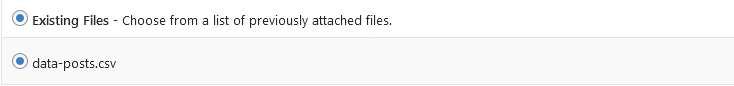 Import WP Select File tab listing previously uploaded files attached to the importer