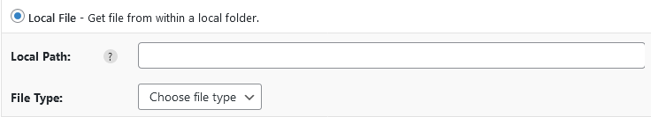Import WP Select File tab with Local filesystem selected and a server path field