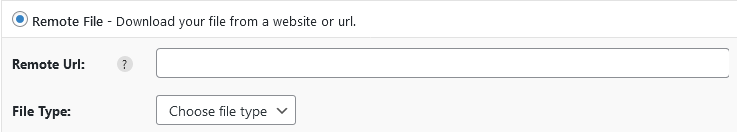 Import WP Select File tab with Remote URL selected, including URL and file type fields