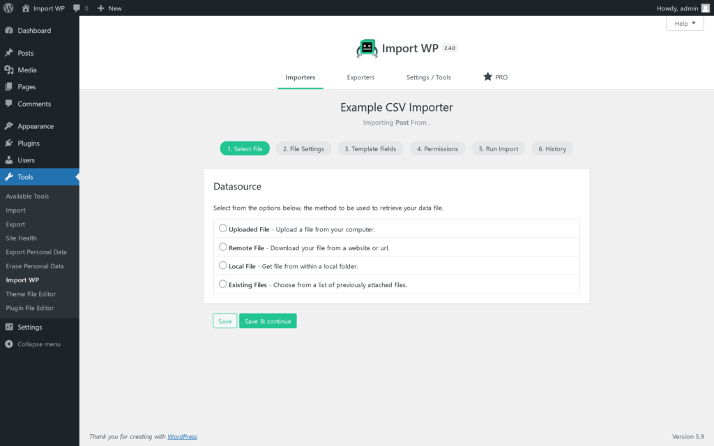 Import WP Select File tab with radio options for upload, remote URL, local path, and existing files