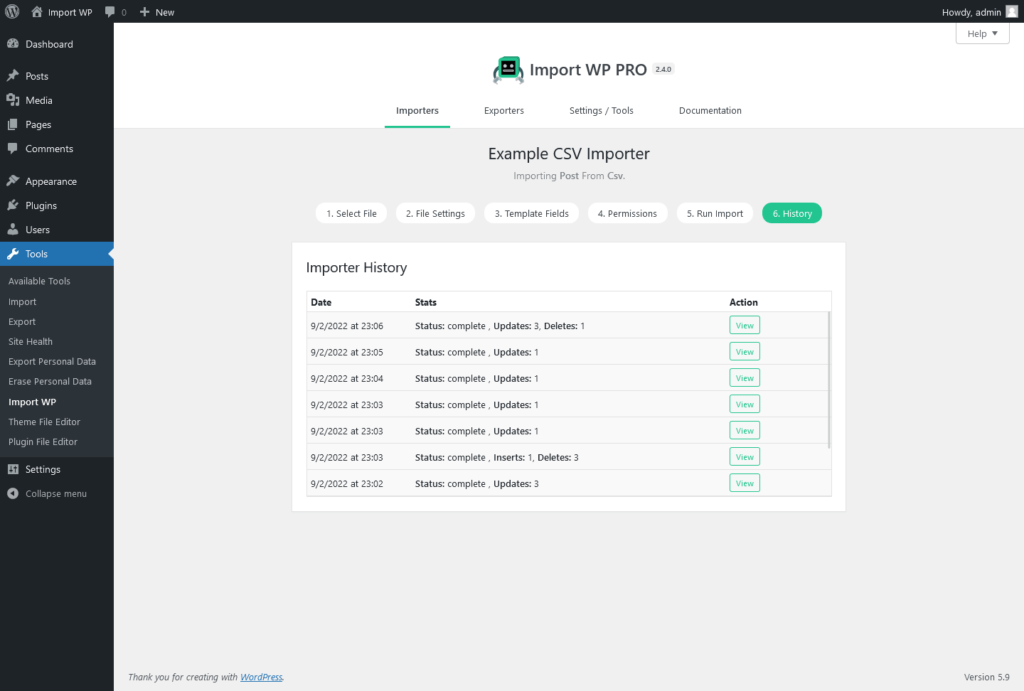 Import WP History list of previous import runs with status and timestamps