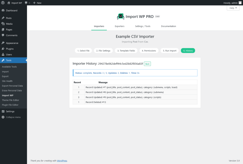 Import WP History detail view for a single run, including row counts and errors