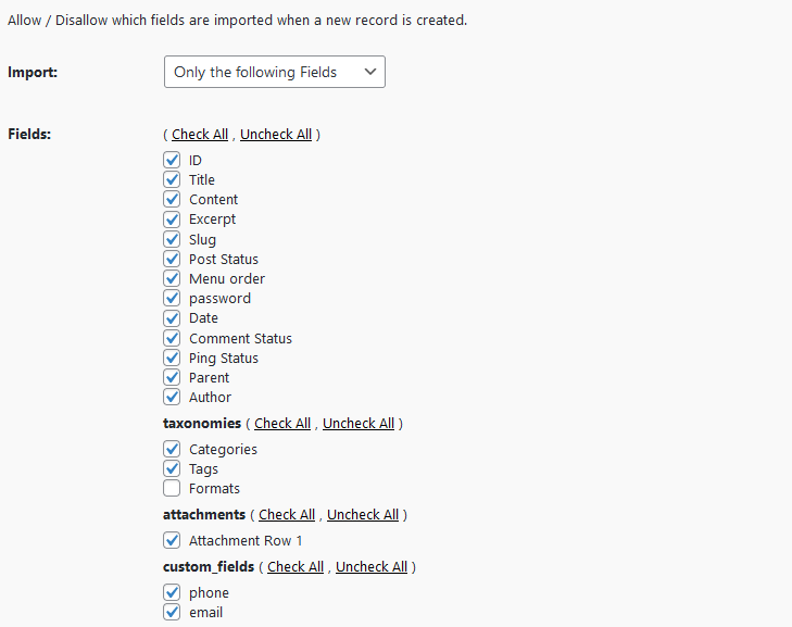 Import WP field restriction set to Only the following fields with an allow list