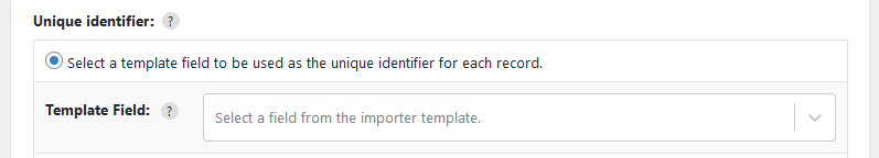 Import WP unique identifier dropdown listing mapped template fields such as SKU