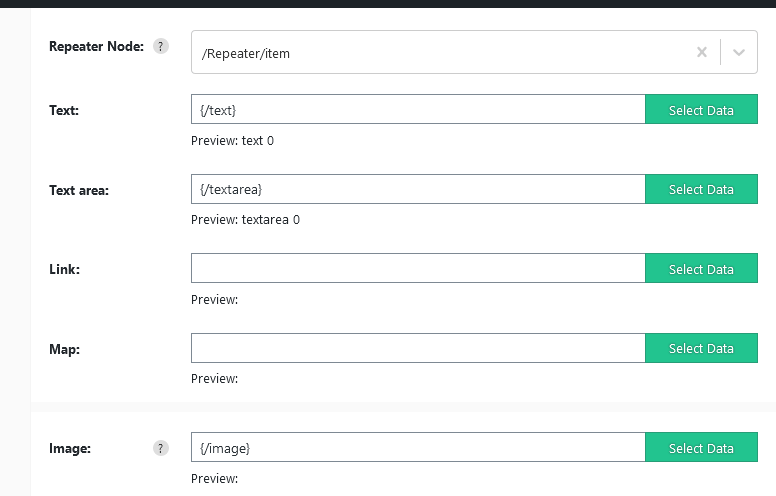 Import WP repeater row with Repeater Node set to /Repeater/item so XML children import as multiple rows