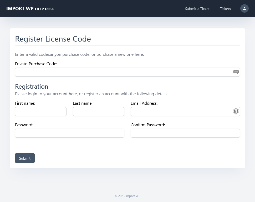 Import WP website license form for converting a CodeCanyon purchase code into a license key