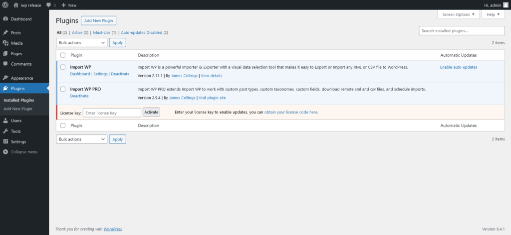 WordPress Plugins screen with the Import WP Pro license key field under the plugin row