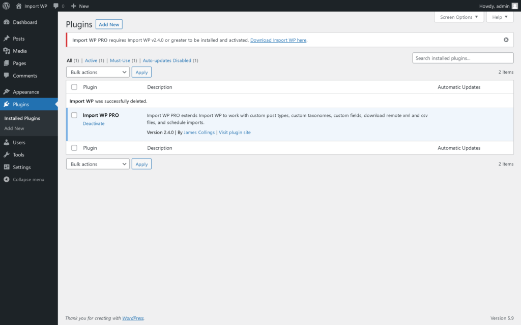 WordPress Add Plugins screen showing Import WP ready to install