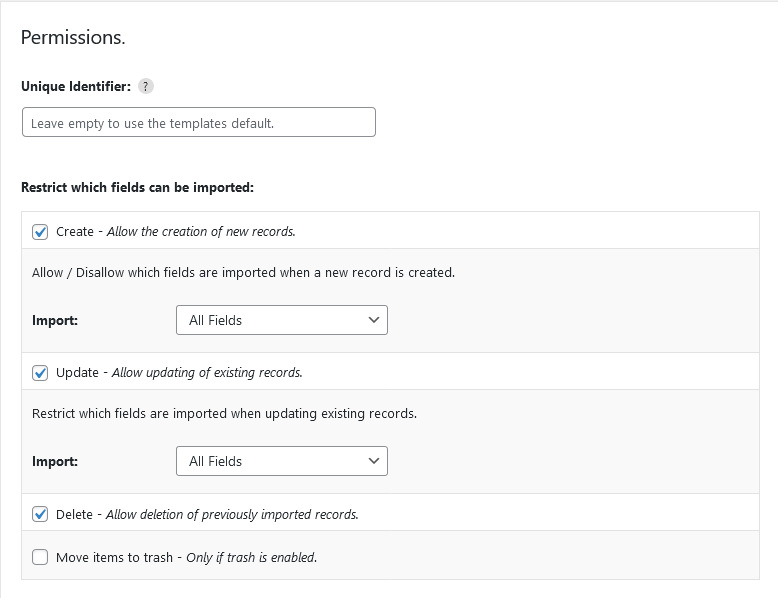 Import WP Permissions step with Create, Update, and All Fields enabled