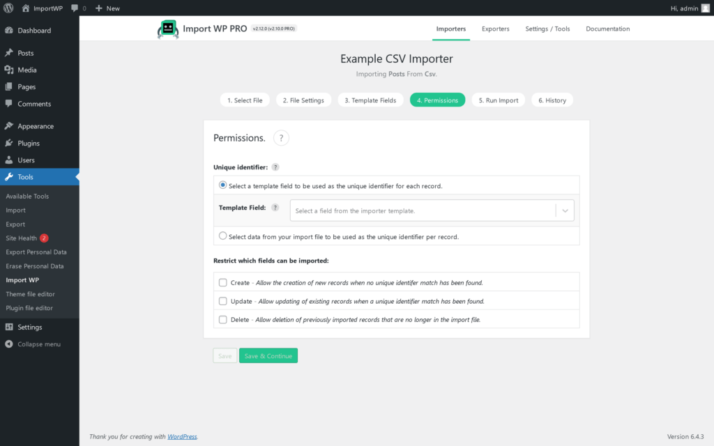 Import WP Permissions step controlling insert, update, and delete, plus the unique identifier