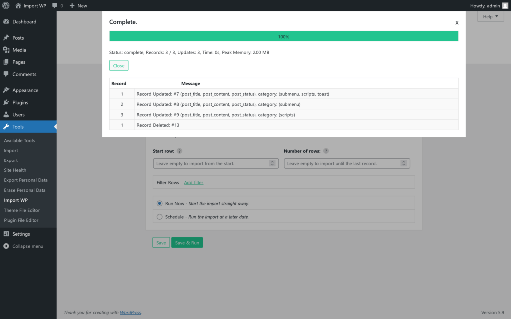 Import WP run complete screen showing inserted, updated, skipped, and error counts