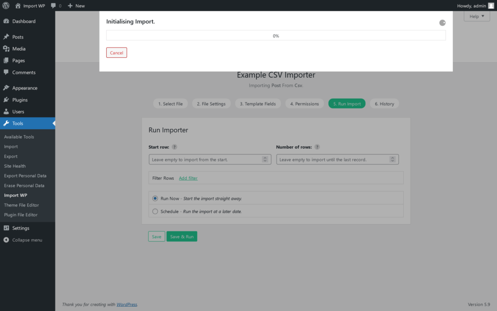 Import WP import in progress with a status bar and row counts