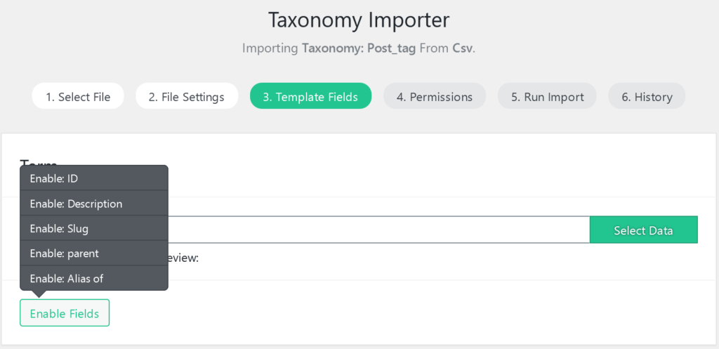 Import WP taxonomy template with extra term fields shown after Enable Fields