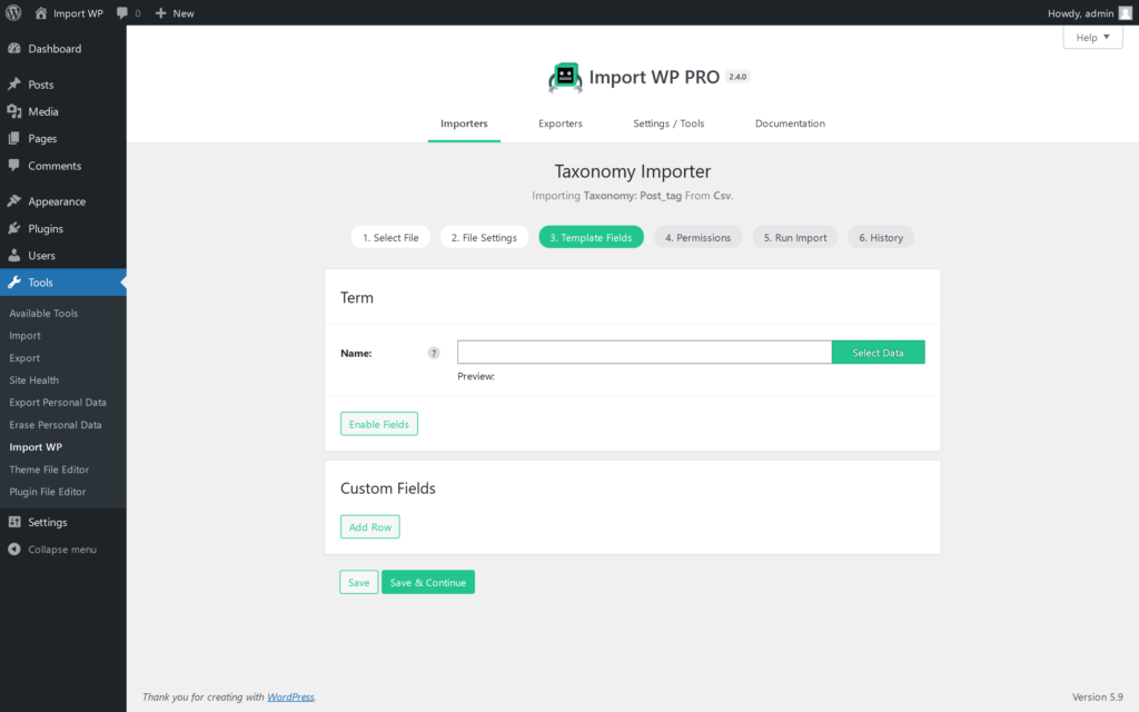 Import WP create importer screen with the Taxonomy template selected