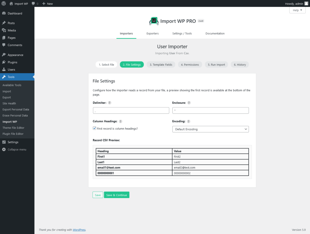 Import WP CSV settings on a Users importer, including delimiter and start row