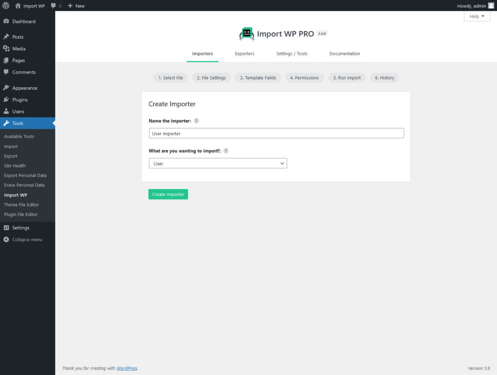 Import WP create importer screen with the Users template selected