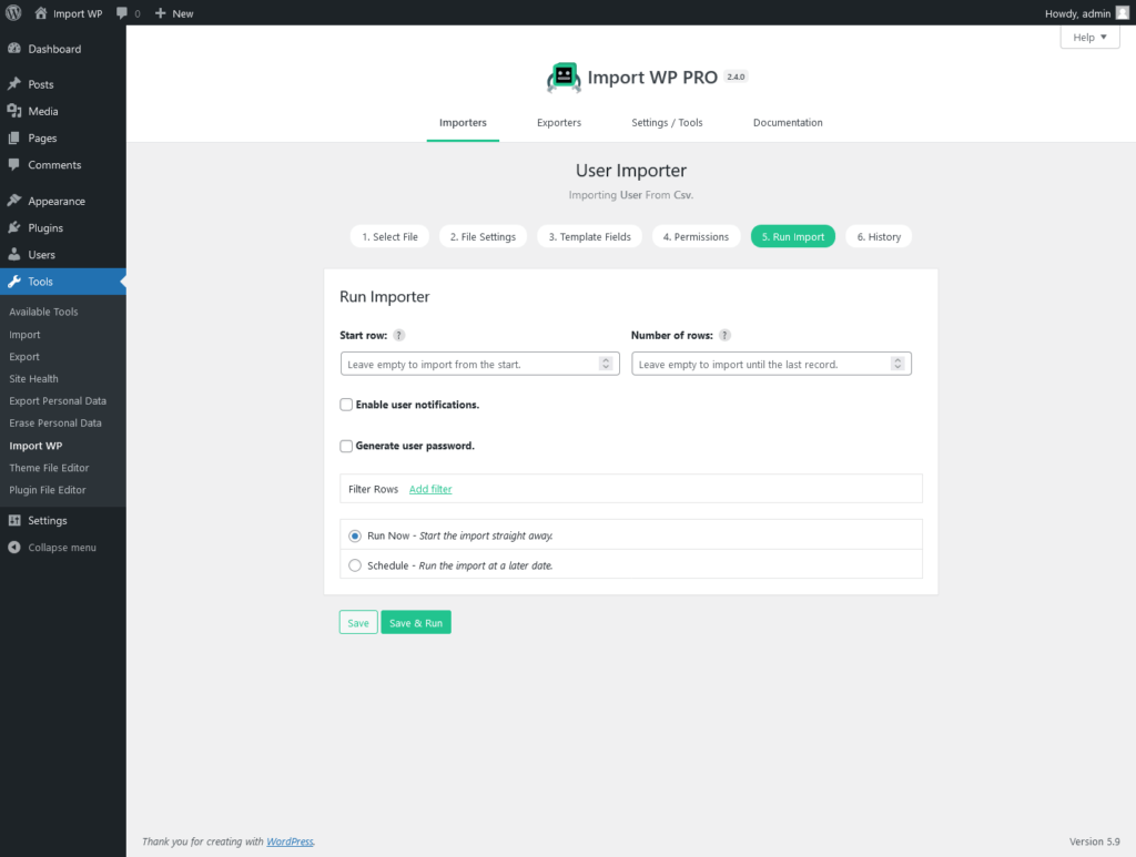 Import WP user template settings for role, password, and notification options