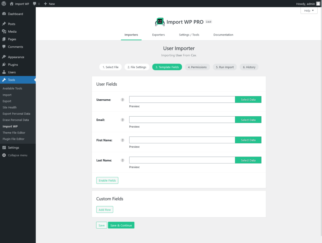Import WP User Fields section for username, email, first name, last name, and role