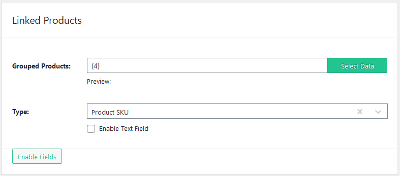 Import WP WooCommerce Linked Products section with Grouped Products type set to Product SKU