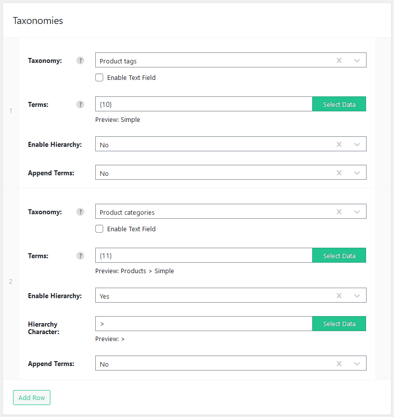 Import WP WooCommerce Taxonomies section mapping hierarchical product categories
