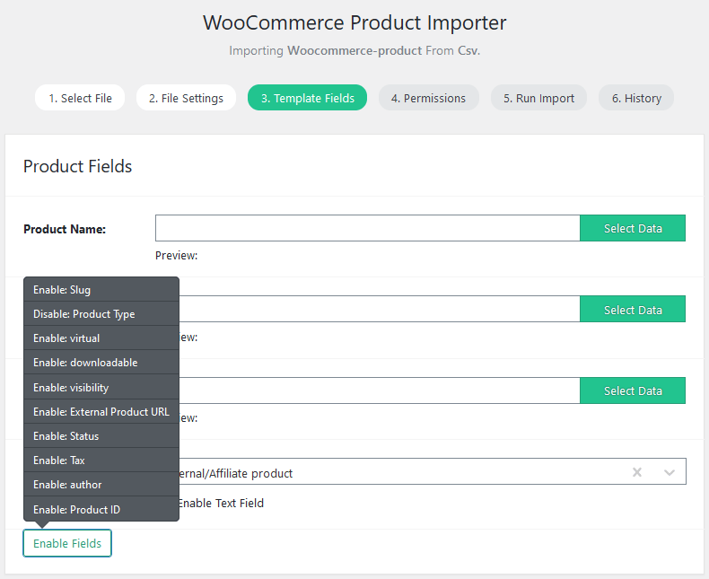 Import WP WooCommerce Product Fields section replacing default post fields