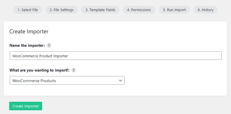 Import WP create importer screen with the WooCommerce Products template selected