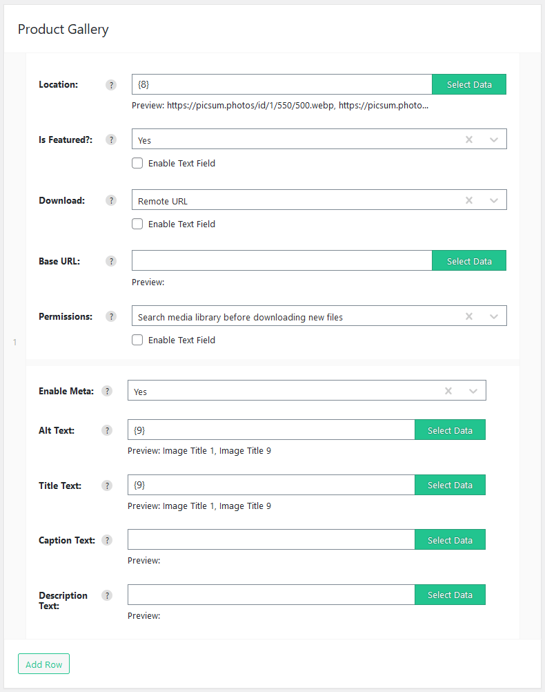 Import WP WooCommerce Product Gallery section with featured image, alt text, and title fields