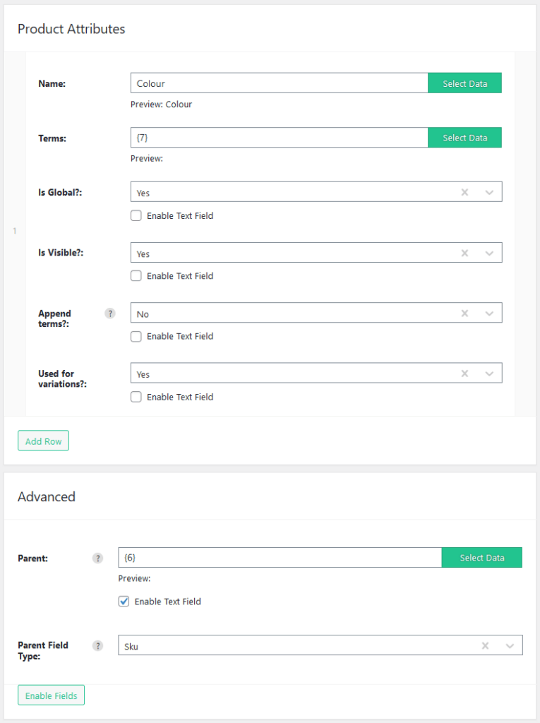 Import WP WooCommerce Product Attributes section with Used for variations set to yes