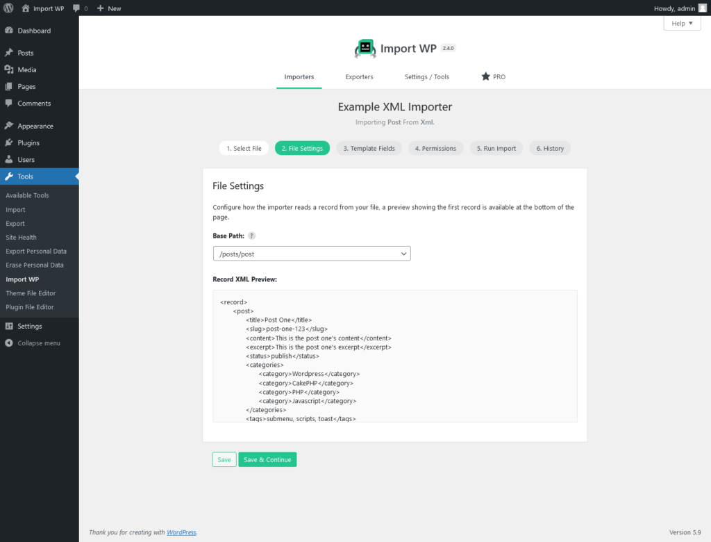 Import WP XML file settings with base path and record node options