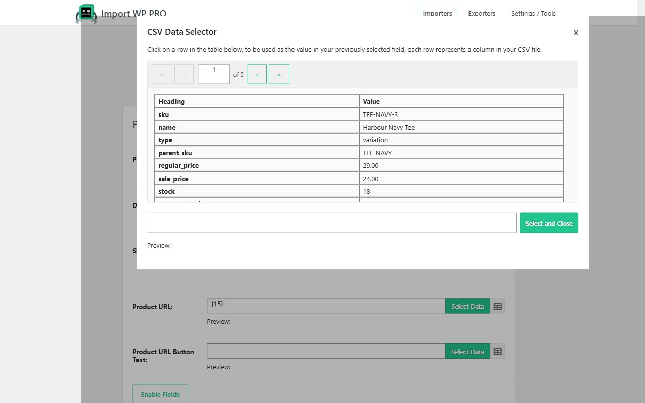 Import WP CSV Data Selector listing sku, name, type, parent_sku, regular_price, sale_price, and stock columns.