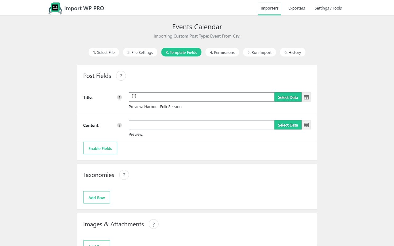 Import WP events custom post type mapper, with title Harbour Folk Session mapped from CSV.