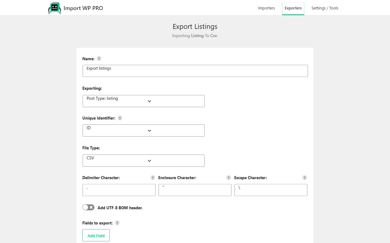 Import WP exporter for listing posts to CSV, with unique identifier ID and CSV delimiter settings.