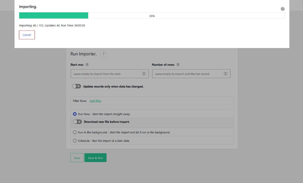 Import WP running an import, with a 26% progress bar and 40 of 153 records processed.