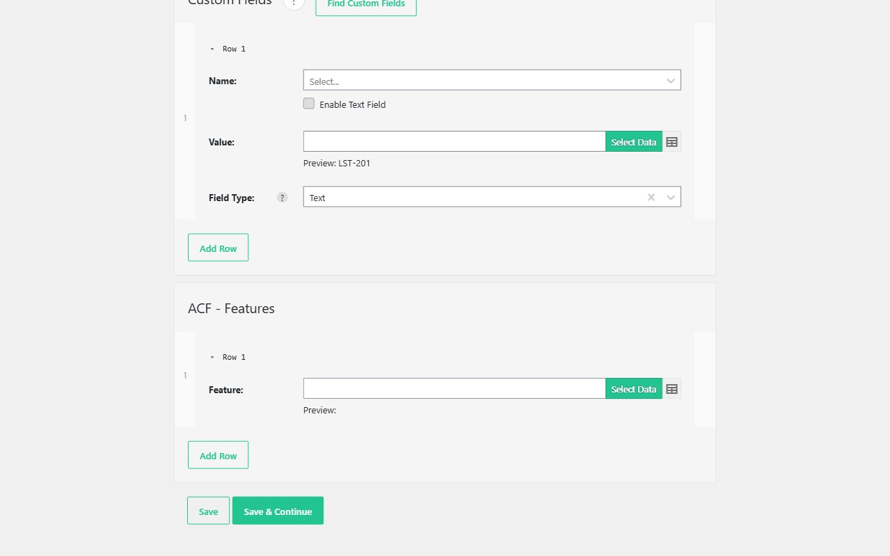Import WP ACF Features repeater on a listings custom post type, below a mapped custom field.
