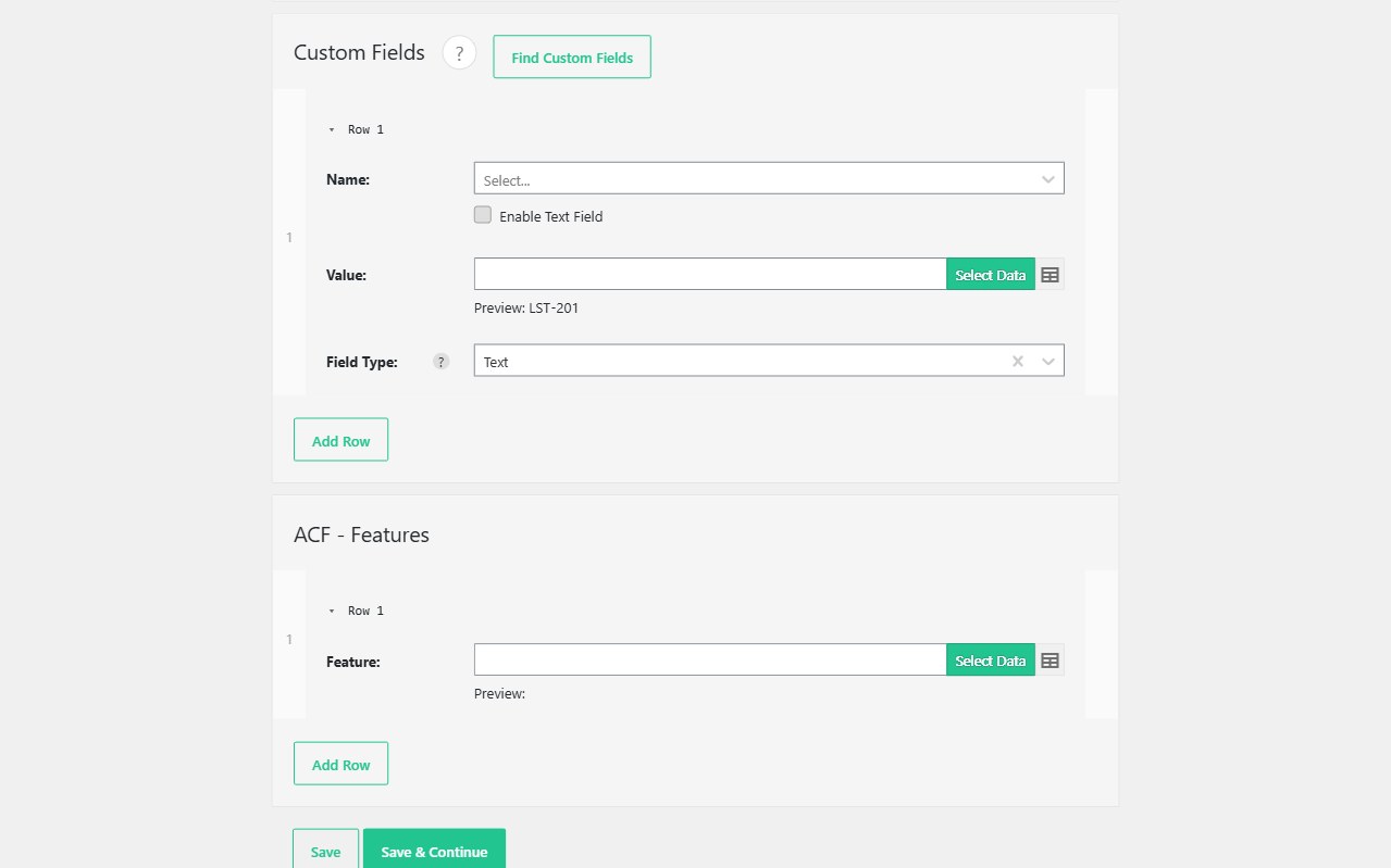 Import WP Custom Fields and ACF Features groups on a listings importer, with listing ref LST-201 mapped.