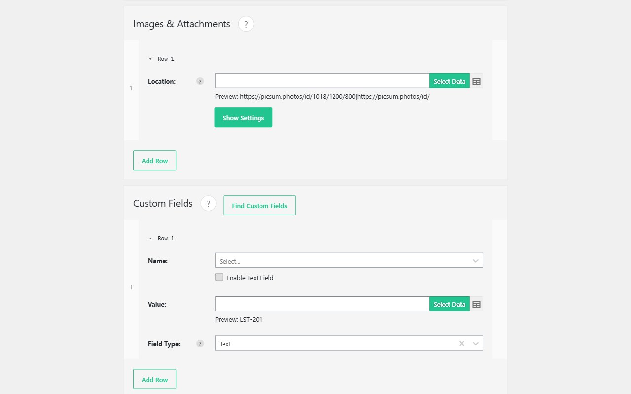 Import WP Images and Attachments row mapping remote listing photo URLs into the Media Library.
